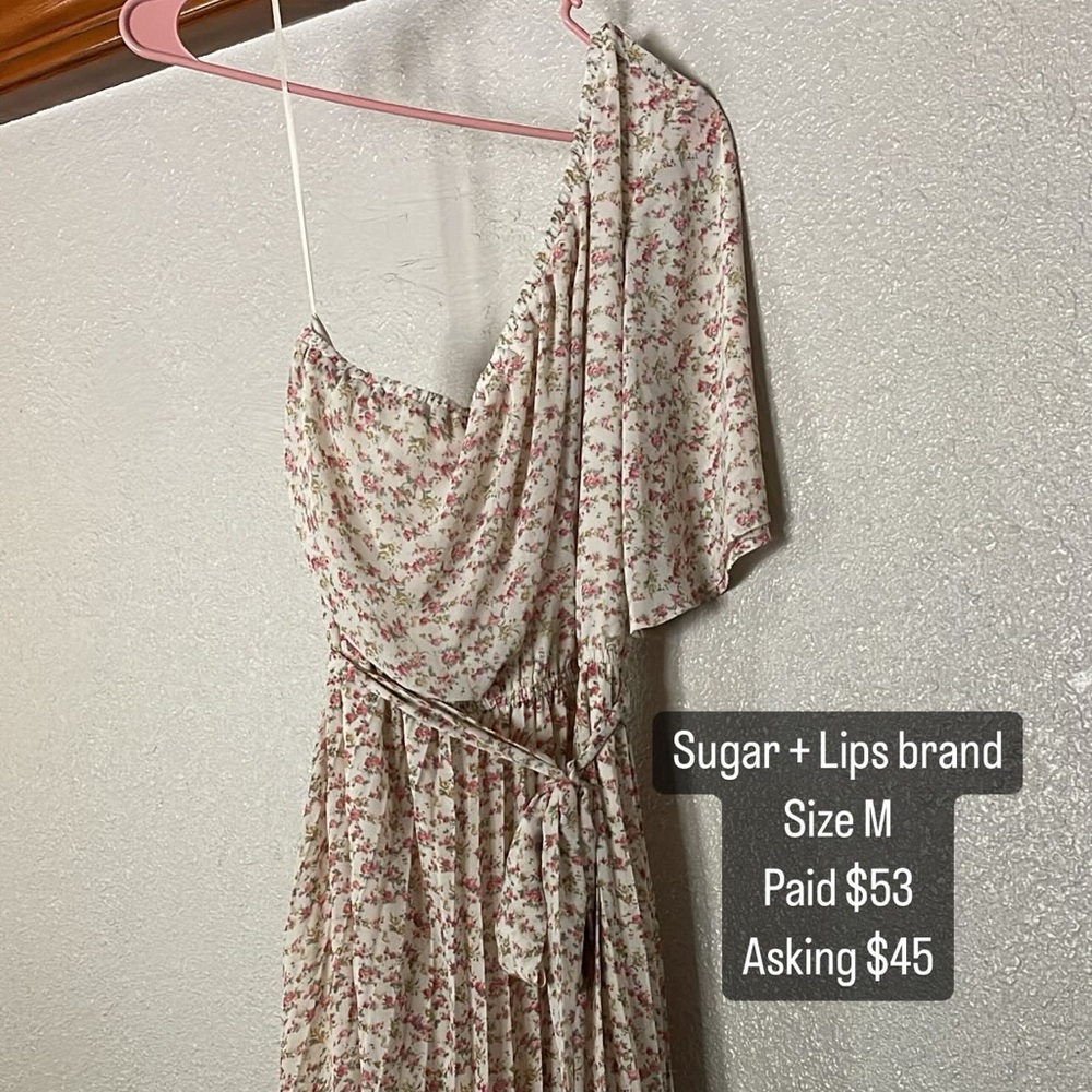 Sugar + Lips floral one shoulder dress.